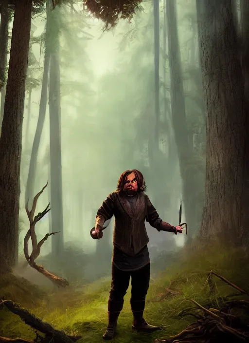 Prompt: A fantasy comic book style portrait painting of a jack black as a slender hobbit in a atmospheric forest setting, unreal 5, DAZ, hyperrealistic, octane render, RPG portrait, ambient light, dynamic lighting