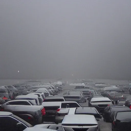 Prompt: liminal foggy parking lot many people floating!!!!!!!!!!!! in sky!!!