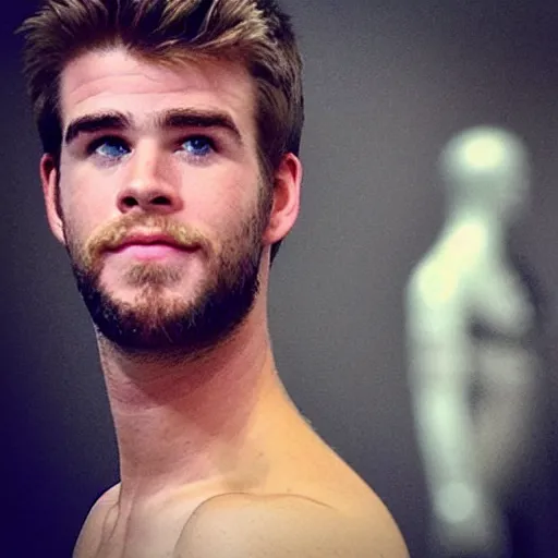 Image similar to “ a realistic detailed photo of a guy who is an attractive humanoid who is half robot and half humanoid, who is a male android, actor liam hemsworth, shiny skin, posing like a statue, blank stare, at the museum, on display ”