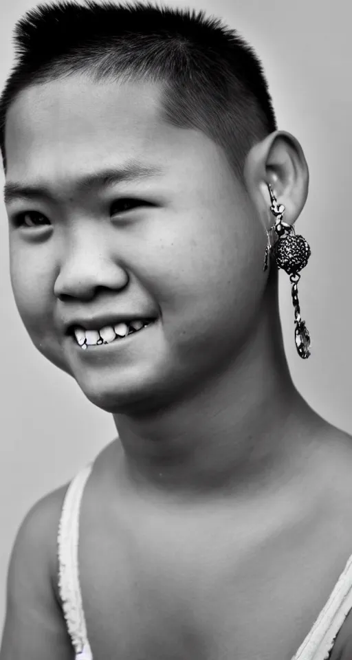 Image similar to close up portrait of a teenage chubby filipino with crooked teeth and a perm, shaved sides of head, curly on top, small studded earings