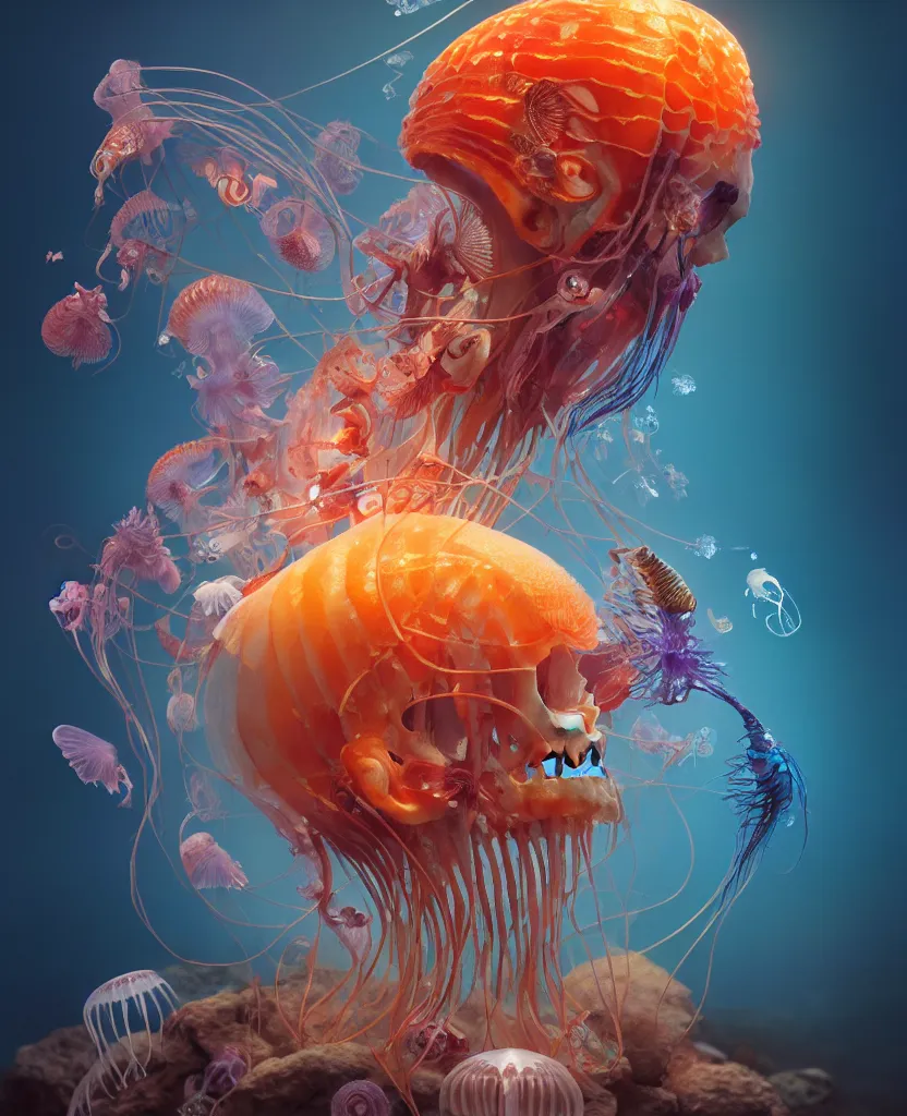 Image similar to human thorax, jellyfish phoenix head, nautilus, orchid, skull, betta fish, bioluminiscent creatures, intricate artwork by Tooth Wu and wlop and beeple. octane render, trending on artstation, greg rutkowski very coherent symmetrical artwork. cinematic, hyper realism, high detail, octane render, 8k