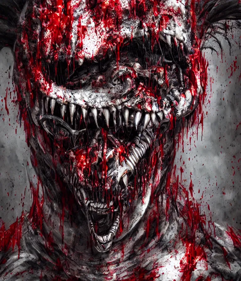 Image similar to very terrifying cenobite xenomorph demon splattered with blood, portrait showing entire scary head, neo-expressionistic, maximalist, horror monster masterpiece, trending on DeviantArt, 4K resolution, dark cinematic, hyperrealism, octane render, volumetric lighting, ultra-detailed, chiaroscuro, dark black background, in the style of Giger and Ralph Steadman and Da Vinci,