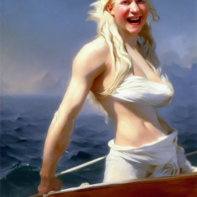 Prompt: painting of a muscular albino female pirate captain with broad shoulders, flowing white hair, and a confident smile, sleeveless uniform, on a boat at sea. painting by john singer sargent and ivan aivazovsky, 4 k hd artstation