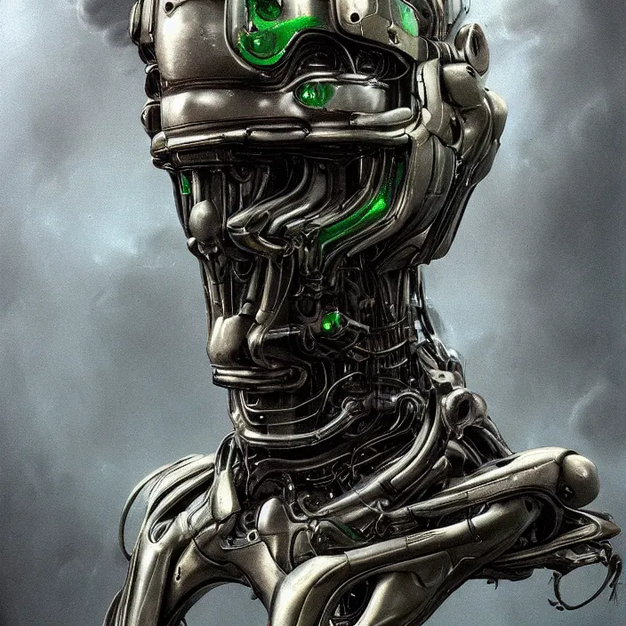 Image similar to h. r. giger esque portrait of a friendly happy emerald ultron from age of ultron, fresh of the production line, washed, clean, shiny, clockwork steampunk, head and chest only, by beksinski, 4 k, deviantart, trending on artstation