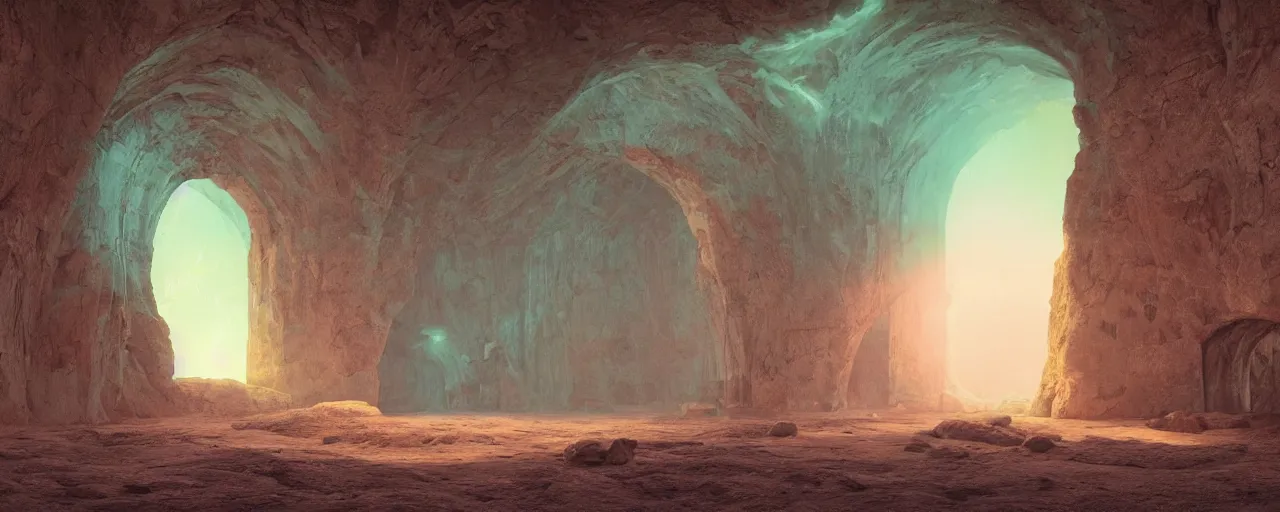 Image similar to Roman room arched windows with view of a bioluminescent forest outside::1, organic volumetric lights, cinematic, octane render, dreamlike, psychedelic, otherworldly, weird, vaporwave, interesting details, volumetric lighting, dramatic, fantasy, by Moebius, by zdzisław beksiński, Fantasy LUT, epic composition, 8k,