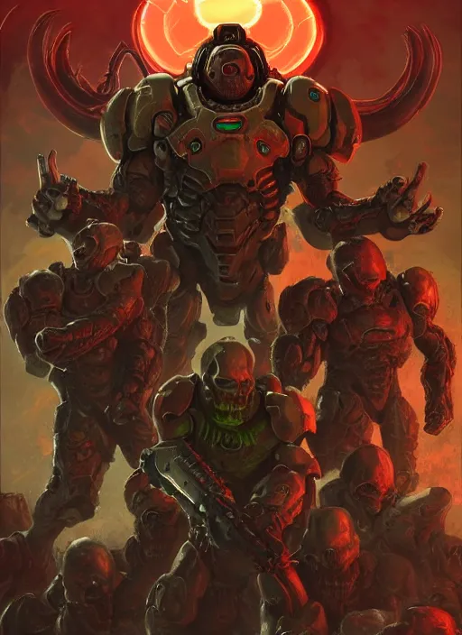 Prompt: ( doom ) cover featuring doom slayer!! doom marine!! surrounded by demons, by kenneth scott, artstation, vivid gaze