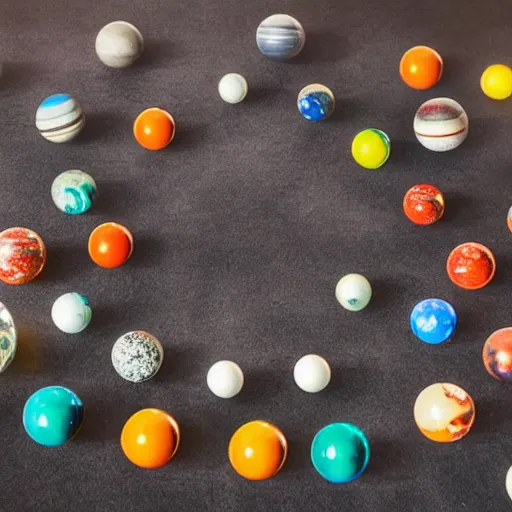 Image similar to solar system as a group of marbles over the carpet of the universe, a joyful marble game, childhood, dream, colorful