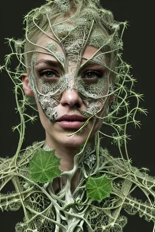 Image similar to intricate hyper detailed ultra sharp 3 d render of a witch profile close - up!!! portrait, art nouveau, alexander mcqueen, transparent fractal dandelion green ivy roots, moon in the background, intricate details, anatomical, flesh ornate, facial muscles, cable wires, elegant, hyper realistic, ultra detailed, octane render, volumetric cinematic lighting, 8 k post - production