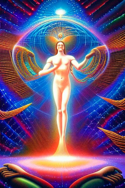 Prompt: a photorealistic detailed image of out of body experience, astral projection, spiritual evolution, science, divinity, utopian, triumphant, cinematic, mathematics, futuristic, by jason felix, david a. hardy, kinkade, lisa frank, wpa, public works mural, socialist