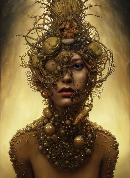 Prompt: highly detailed oil painting | very intricate | cinematic lighting | award - winning | bacteria shaman tardigrade fashion by alexander mcqueen | by roberto ferri, by tom bagshaw, by j. c. leyendecker and klimt, american romanticism, by austin osman spare, artstation, cgsociety, official art, octane