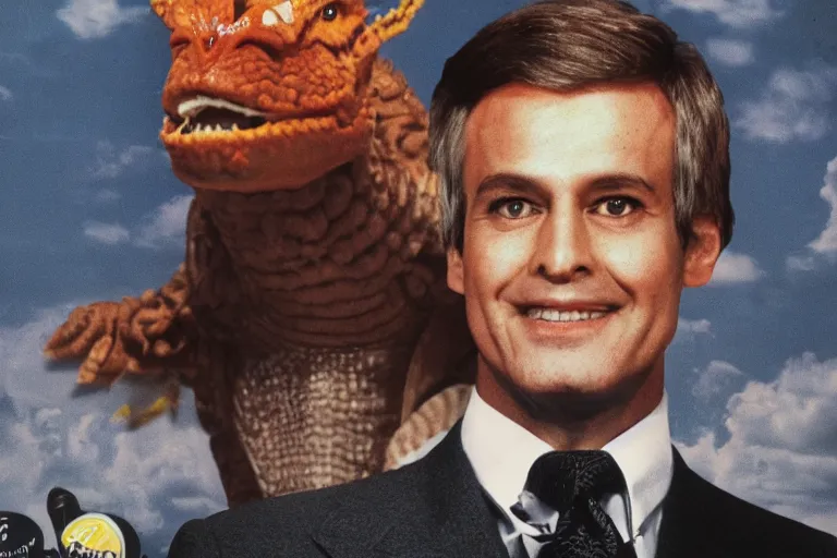 Image similar to 1 9 7 9 cnn news anchor played by a dragon. perfectly symmetrical face, highly detailed, masterpiece.