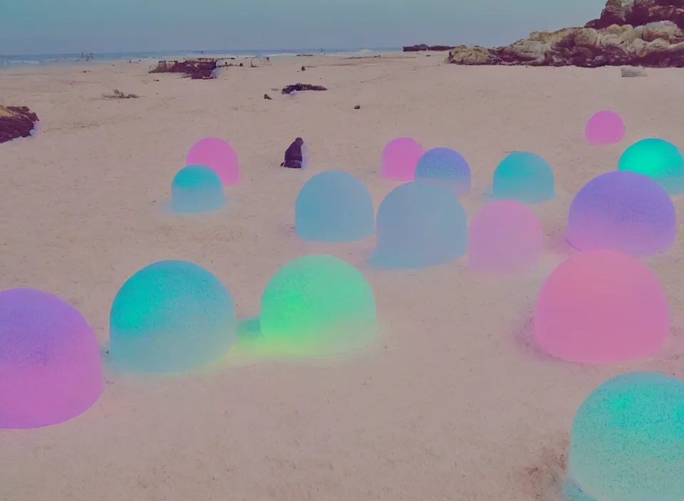 Image similar to a pastel coloured vintage family holiday photo of an empty beach from an alien dreamstate world with chalky pink iridescent!! sand, reflective lavender ocean water, dim bioluminescent plant life and an igloo shaped shiny plastic transparent festival stage and translucent festival box speakers!!. glare. refraction, volumetric light.