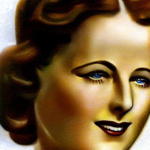 Image similar to a 1 9 2 0 s ultra - realistic color portrait. happy, healthy, beautiful, smiling, young, sporty, blonde, blue - eyed symmetric hedy lamarr in decent athletic wear. hyper - realistic detailed drawing