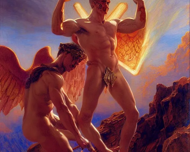 Prompt: attractive male deity, casting demonic magic, summoning ( muscular ) lucifer morning star, as they battle over the earthly realm, highly detailed painting by gaston bussiere, craig mullins, j. c. leyendecker, tom of finland