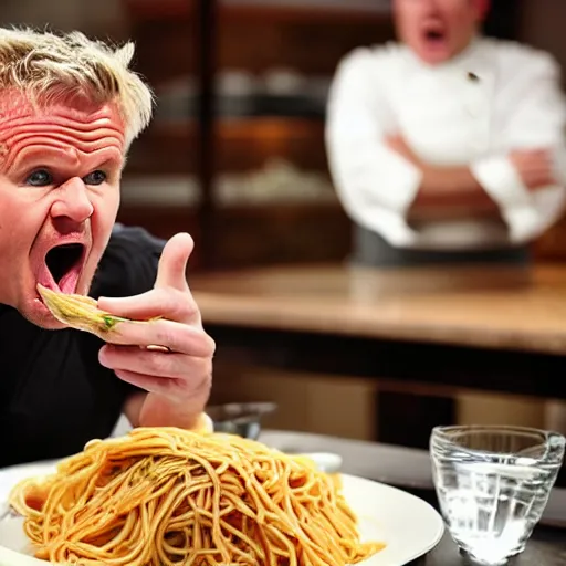 Prompt: <photo hd reaction='mouth wide open yelling'>Gordon Ramsey in furious rage about the amount of spaghetti on his oversized plate</photo>