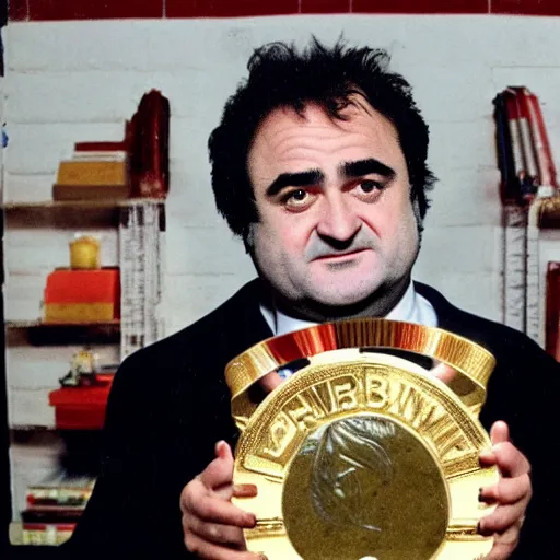 Prompt: john belushi with the face of prime minister gordon brown, wearing a tracksuit and huge gold medallions