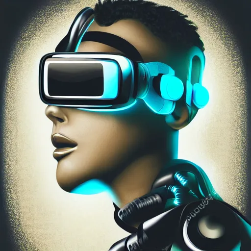 Image similar to cyberpunk bot wearing vr headset, sci - fi, portrait, illustration