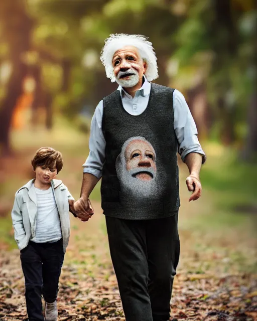 Prompt: a portrait of einstein and modi walking whilst holding hands, highly detailed, trending on artstation, bokeh, 9 0 mm, f / 1. 4