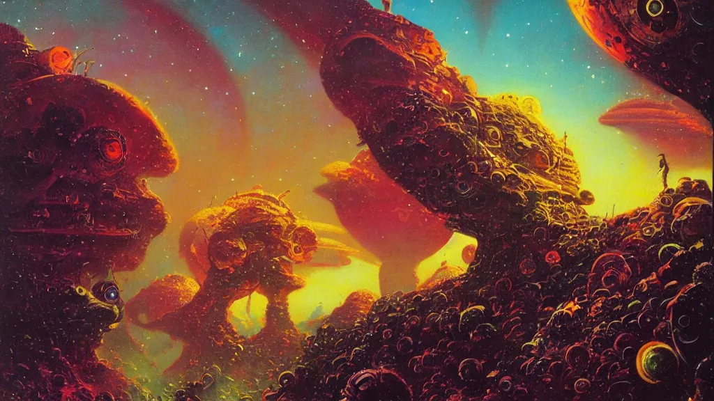 Prompt: strange alien planet by Paul Lehr and Bruce Pennington