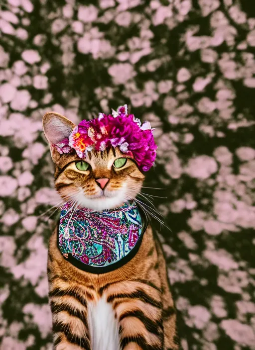 Image similar to 3 5 mm macro photography of a cat wearing a floral headdress and paisley suit