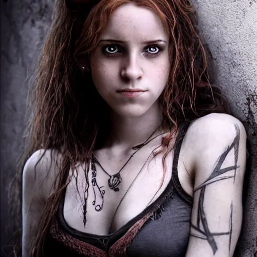 Prompt: dressed Hermione Granger in tattoos, by luis royo, beautiful eyes, by Aggi Erguna, top cinematic lighting, cinematic mood, hyperrealism, high detail