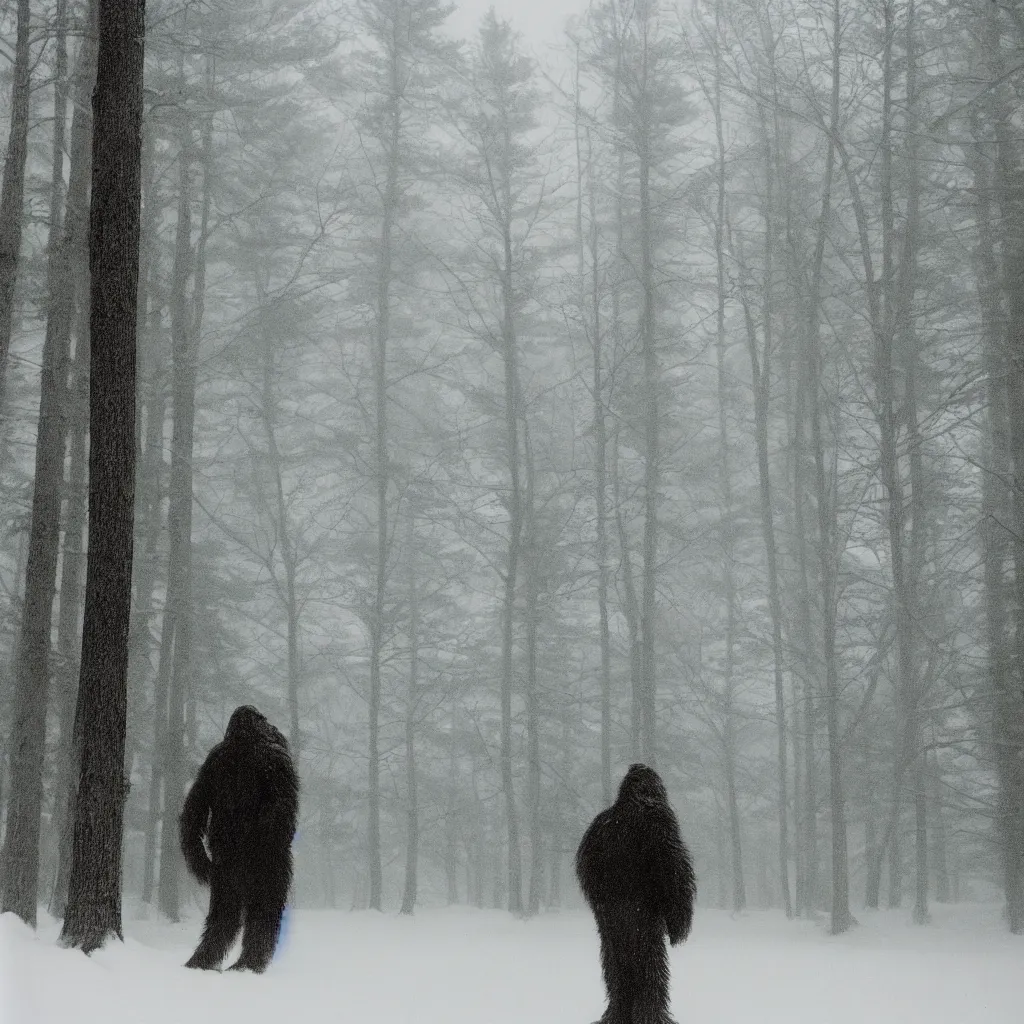 Image similar to photo, bigfoot is hiding in the background. cold color temperature, snow storm. hazy atmosphere. humidity haze. kodak ektachrome, greenish expired film, award winning, low contrast