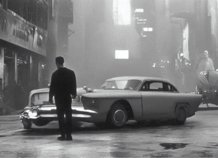 Prompt: scene from the 1952 science fiction film Blade Runner with the main character standing next to a vehicle