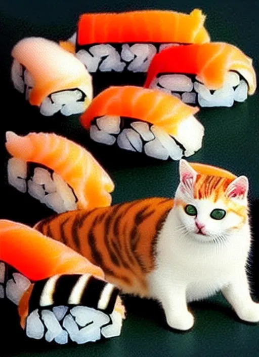 Image similar to clear photorealistic picture of adorable cats made out of sushi