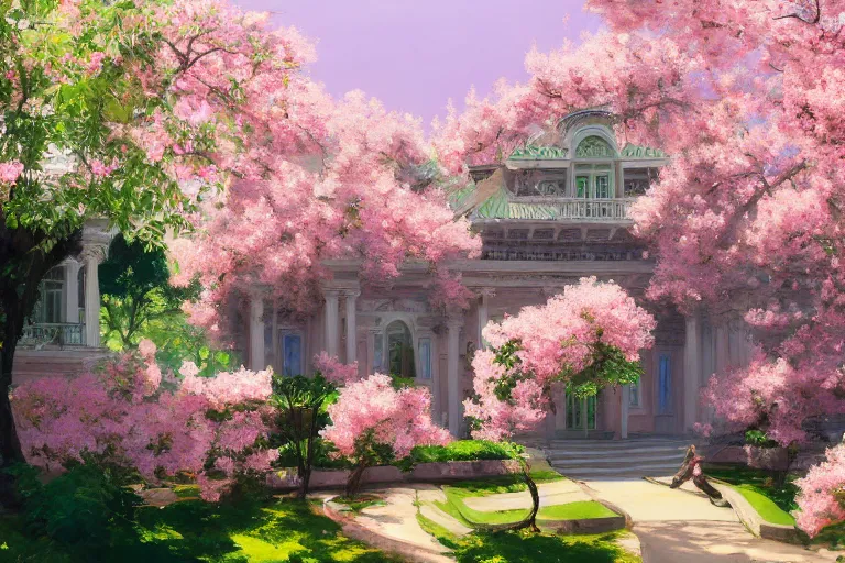 Image similar to green weed grow house, rococo style, greek architecture, pink marble building, sakura trees, sakura season dynamic lighting, landscape, artwork by jeremy lipkin and giuseppe dangelico pino and michael garmash and rob rey and greg manchess and huang guangjian and makoto shinkai, pixiv, 1 0 0 mm