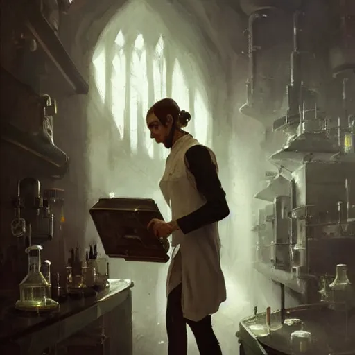 Prompt: dark-elf dressed as alchemist working in laboratory, oil painting, by Greg Rutkowski