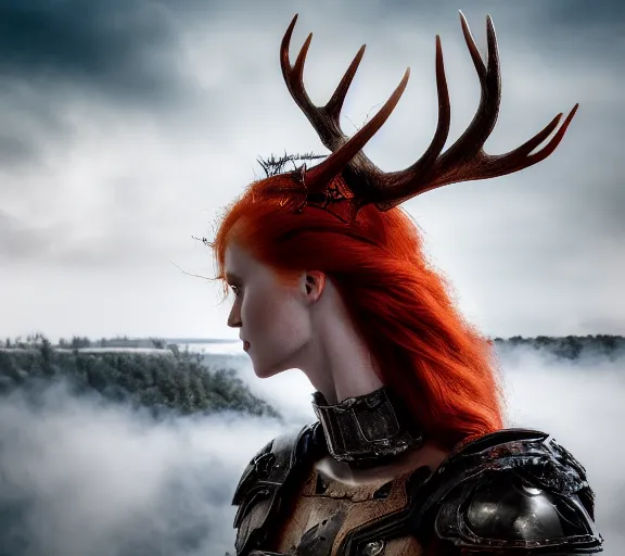 Prompt: a portrait photo of an armored woman warrior redhead with antlers sitting on the edge of a giant red cap mushroom that covers a whole town and reaches above the clouds by luis royo. intricate. lifelike. soft light. sony a 7 r iv 5 5 mm. cinematic post - processing