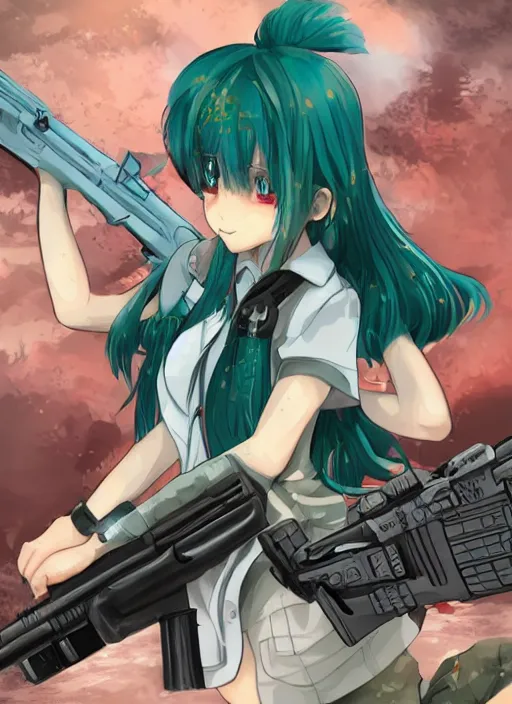 Prompt: soviet school-girl with a Turquoise hair holding an assault rifle, anime manga, high resolution