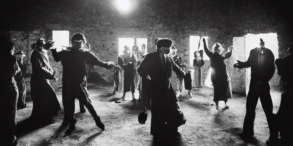 Image similar to creepy photo of people in italian doctor masks dancing around a small obsidian monolith in a barn, 70mm film, old film, found film, scary, ominous, disturbing