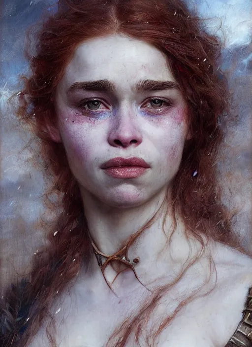 Image similar to short muscular redheaded woman wearing realistic medieval armour, young emilia clarke face paint, detailed by gaston bussiere, bayard wu, greg rutkowski, giger, maxim verehin, greg rutkowski, masterpiece, sharp focus, cinematic lightning