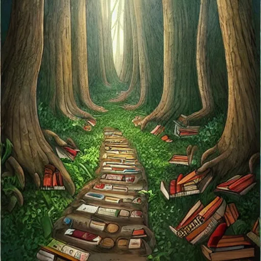 Image similar to a path through a forest with lots of books, a storybook illustration by pamela ascherson, pinterest, fantasy art, storybook illustration, enchanting, whimsical