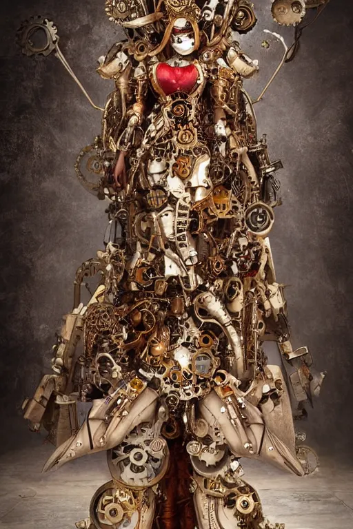Image similar to steampunk clockwork durga mecha by marek okon designed by alexander mcqueen dress by guo pei