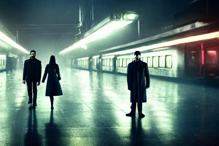 Image similar to film still of closeup beautiful model indian couple in blade runner 2 0 4 9, train station, cinematic, moody, gritty neon noir by emmanuel lubezki