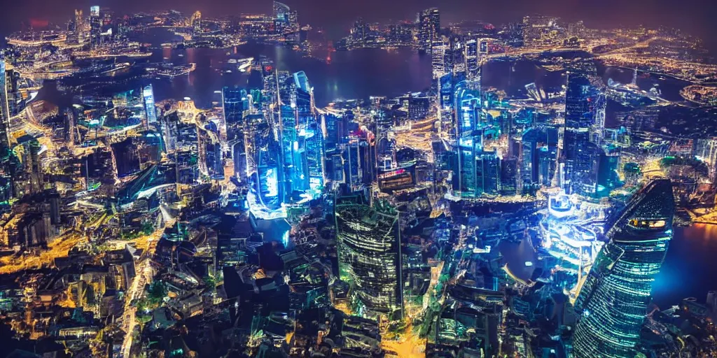 Prompt: futuristic singapour view at night from a plane, cinematic