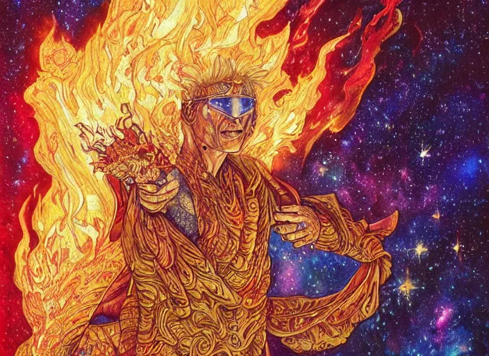 Image similar to high intricate colored ink drawing of the sandman holding a glimmering fire - galaxy, full shot, neil gaiman, maria panfilova, andrea savchenko, mike kime, ludovic plouffe, qi sheng luo, oliver cook, julian calle, eddie mendoza, trending on artstation