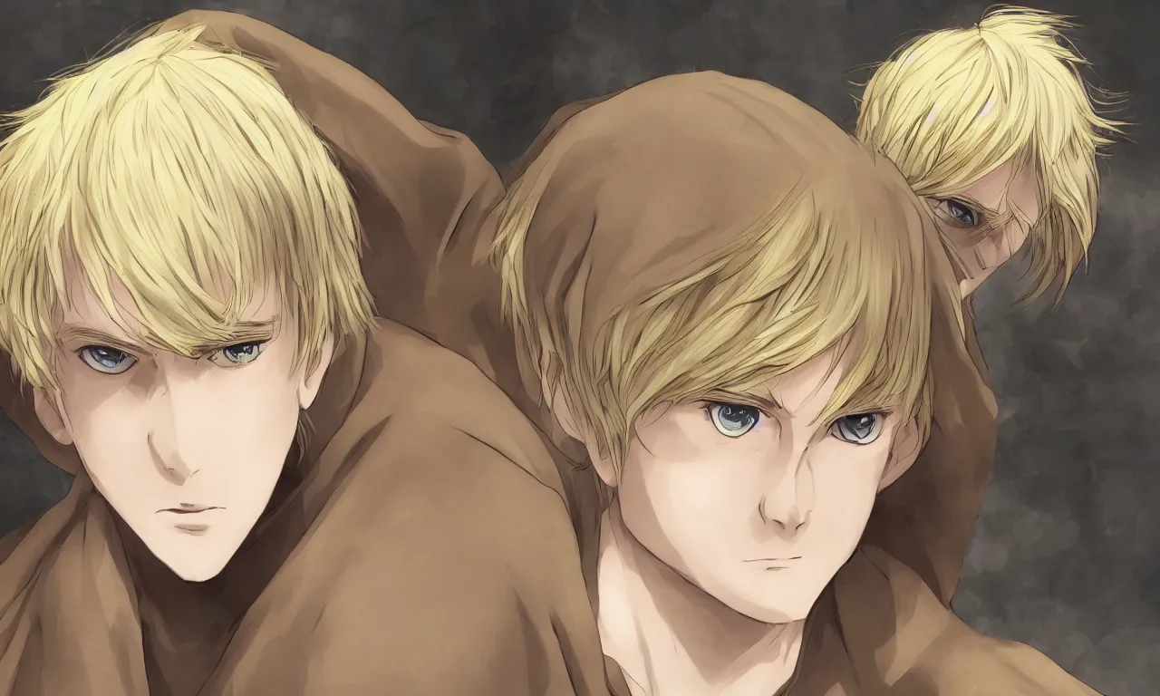 Prompt: blonde boy with golden eyes wearing a brown cape, anime screenshot, mappa studio artstyle, hyper realistic, pale skin, 4 k, rule of thirds, extreme detail, detailed drawing, trending artstation, hd, fantasy, realistic lighting, sharp focus, backlit