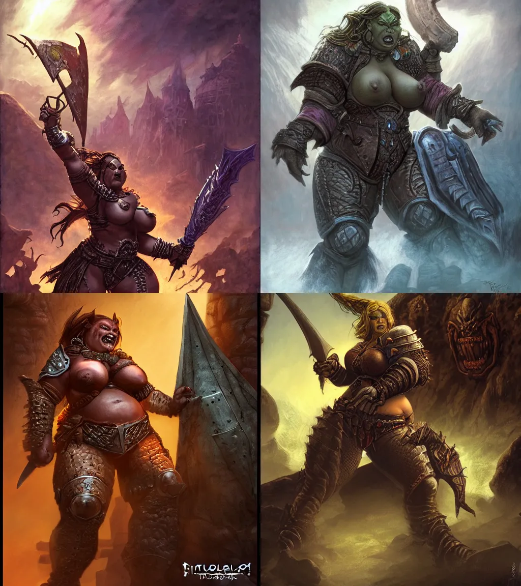 Prompt: a large female orc woman wearing leather armor in a siege | dungeons and dragons | hyperrealistic |volumetric lighting | style of jeff easley, ralph horsley, frank frazetta | big fat strong orc woman |