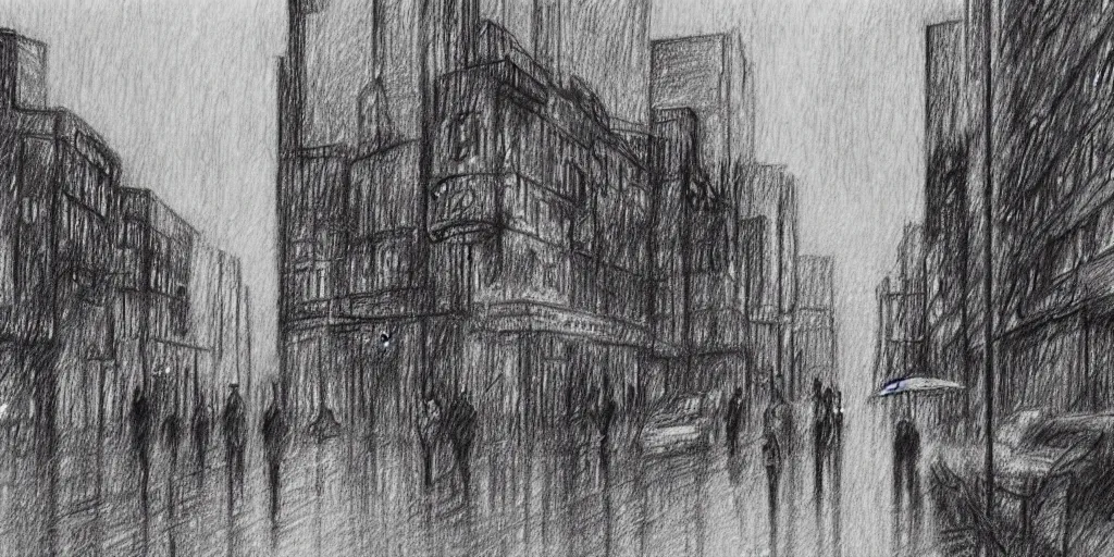 Image similar to a drawn gloomy city in the rain. pencil sketch