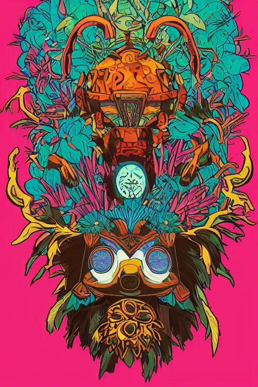 Image similar to animal mask totem roots flower tribal feather gemstone plant wood rock shaman vodoo video game vector cutout illustration vivid multicolor borderlands comics by josan gonzales and dan mumford radiating a glowing aura