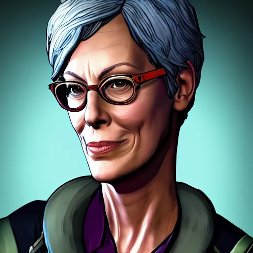 Image similar to jamie lee curtis portrait, borderlands, tales from the borderlands, the wolf among us, comic, cinematic lighting, studio quality, 8 k