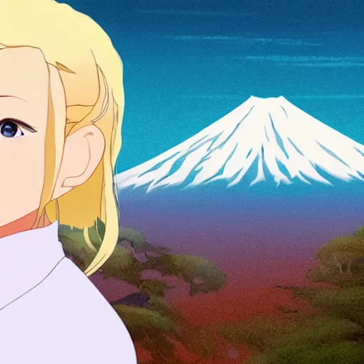 Image similar to a beautiful blond silver hair young woman standing on top of mount fuji in the style of Studio Ghibli and Makoto Shinkai