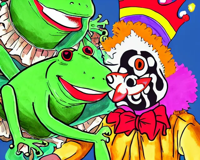 Image similar to Clown Frog King looks down from the clown castle at a furious battle below, king pepe with rainbow wig, in the style of Berserk, clown frog battle