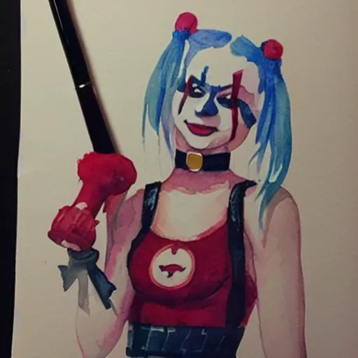 Prompt: “watercolor of Harley Quinn holding mallet”