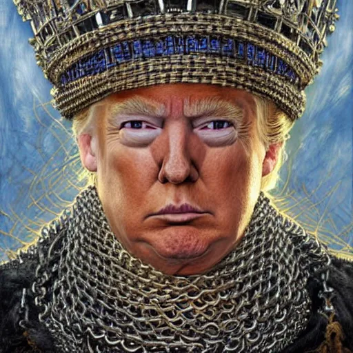 Prompt: donald trump was king of united states of america, wearing chain mail, intricate face, strong jaw, elegant and proud, highly detailed, centerede, very realistic, smooth, sharp focus, detailed face, art by donato giancola, artgerm and brian froud, digital illustration