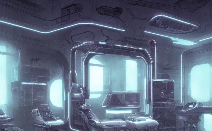 Prompt: zoom on a neon surgery scanning machine cyberpunk futuristic, in a white room, art by giger, greg rutkowski