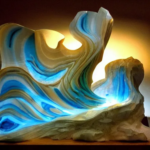 Image similar to carving of a jig ant sequoia with a giant blue and white foamy wave crashing behind it. Carved in translucent marble. Trending in artstation. Colorful. Low angle.